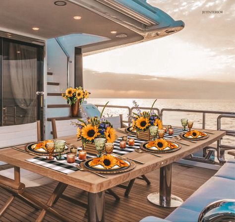 Yacht Table Settings, Sunflower Table Setting, Luxury Yacht Party, Yacht Decor, Sunflower Table, Dream Jobs, Boat Decor, Tablescape Ideas, Yacht Party