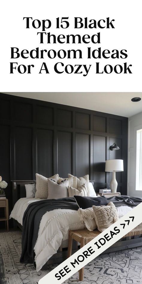 Discover stunning black bedroom decor ideas to elevate your space. Embrace the elegance of a black bedroom wall for a bold statement or incorporate subtle touches of black in your bedroom design for a modern twist. Whether you're going for a sleek and sophisticated look or aiming to create a cozy oasis, black is versatile and timeless. From furniture to accents, explore various ways to infuse the color black into your bedroom decor scheme. Black Themed Bedroom, Black Bedroom Decor Ideas, Black Wooden Bed, Black Bedroom Wall, Black Headboard Bedroom, Black And Cream Bedroom, Themed Bedroom Ideas, Black And Grey Bedroom, Dark Gray Bedroom