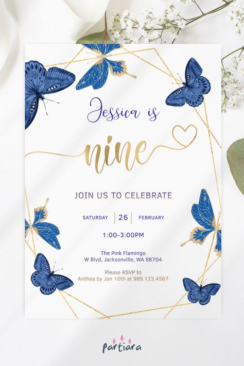 Self-editable 5x7" invite - follow the link for details and free demo! ♦ Easily edit online in your browser then download and print or send digitally ♦ A beautiful blue and gold butterfly design for a kid’s 9th birthday celebration – suitable for either boys or girls ♦ #butterflyparty #butterflypartyideas #girls9thbirthday #girlsbirthdayparty #9thbirthday #bluegoldbirthday #editableinvitation #printableinvite Blue And Gold Butterfly, Butterflies Party, Girls 9th Birthday, Baptism Themes, Birthday Invite Template, Butterfly Birthday Cards, Butterfly Invitations, Butterfly Birthday Party, Fairy Garden Party