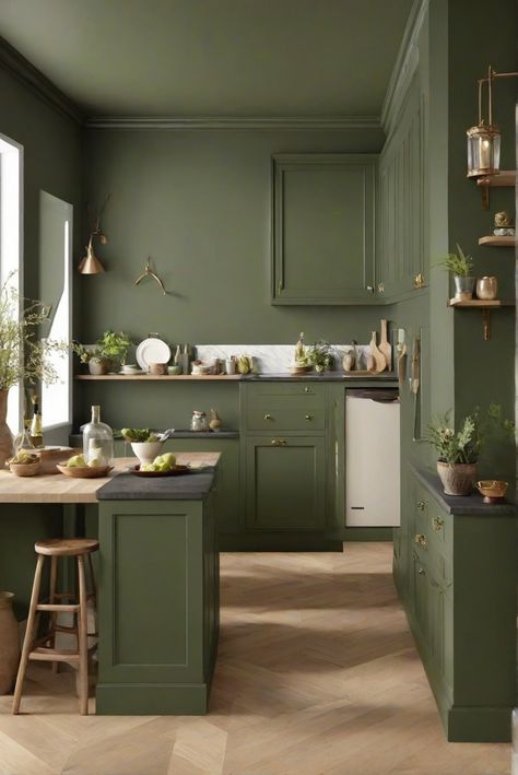 home decorating, home interior design, interior bedroom design, kitchen designs Green Kitchen Paint Walls, Color Drenching Kitchen, Warm Green Kitchen, Green Walls In Kitchen, Green Walls Kitchen, Green Kitchen Paint, Green Kitchen Walls, Light Oak Floors, Green Wall Color