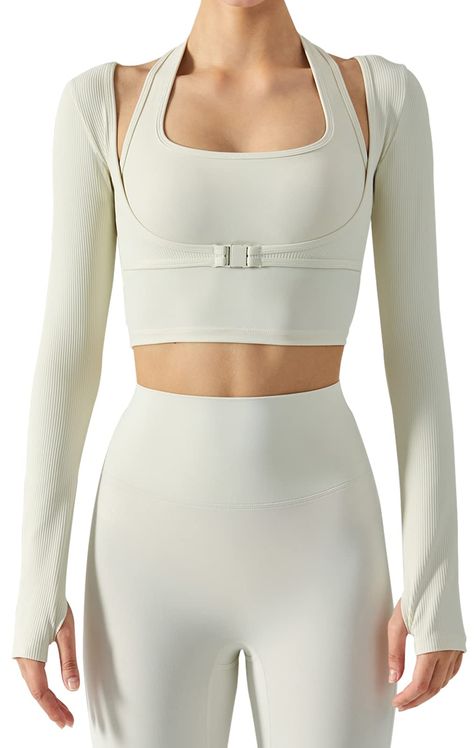 PRICES MAY VARY. 88 % Polyester, 12 % Elasthan Imported Pull-On closure Machine Wash Crop workout tops: fake two-piece with halter neck design.Unlike traditional yoga wear, our designs are very trendy. Women's cropped sweatshirt make with soft and stretch fabric, quick dry and cool comfortable to wear. Elastic cuffs with thumbholes keep sleeves in place while increasing coverage and warmth the front buckle is easy for you to put on and take off, especially for correcting your posture and gather your chest, which will make you keep the good gesture during the workout. Suitable for yoga, sports, training, running, exercise, gym, hiking and daily casual wear Yoga Pictures, Crop Top And Leggings, Yoga Style, Crop Top Set, Bodysuit Dress, Sport Top, Activewear Sets, Sleeves Clothing, Halter Neck Top