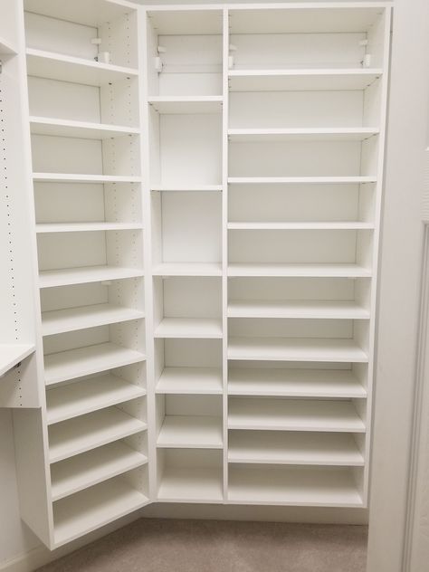 Here is a master closet I recently did for a couple. They had a 45 degree angled wall in the closet. I created His and Her shoe towers with a narrow 12” wide cubby in between (for folded shirts). Custom Closet Corner Ideas, Closet With Angled Wall, Angled Closet, Closet Redesign, Closet Organization Designs, Small Closet Design, Angled Wall, Diy Closet Shelves, Master Bath And Closet