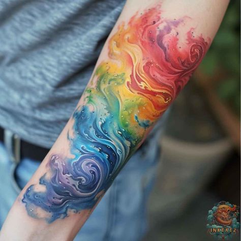 Unleashing the Magic: Exploring the Symbolism and Beauty of Rainbow Tattoos: 112 Designs - inktat2.com Create Tattoo Ideas, Ankle Watercolor Tattoo, Watercolor Water Tattoo, Paint Drip Tattoo, Unique Rainbow Tattoo, Lightning Sleeve Tattoo, Rainbow Wave Tattoo, Elements Of Earth, Abstract Rainbow Tattoo