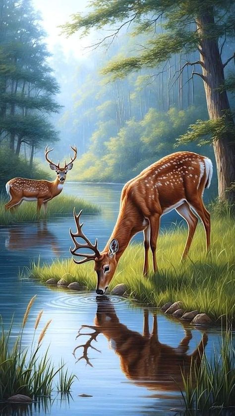 Deer In Forest Illustration, Painting Of Greenery, Drawing Forest Animals, Forest With Animals Drawing, Forest And Wildlife Drawing, Forest Animals Drawing, Deer Drinking Water, Realistic Watercolor Paintings, Hunting Drawings