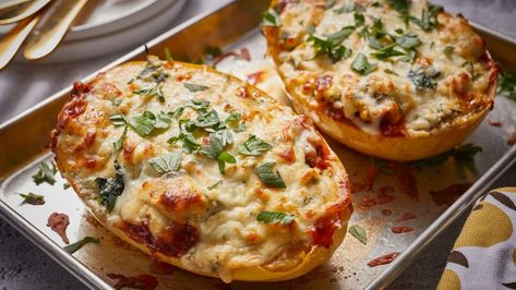 Spaghetti Squash Lasagna Boats Spaghetti Squash Lasagna Boats, Mary Makes It Easy, Lasagna Boats, Gina Livy, Healthy Squash Recipes, Easy Spaghetti Squash, Tomato Basil Salad, Lazy Dinner, Kid Friendly Salad