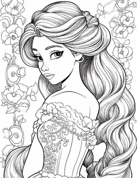 Rapunzel Coloring, Girl Coloring Pages, Disney Adult Coloring Books, Rapunzel Coloring Pages, Belle Coloring Pages, Princess Coloring Sheets, Cinderella Coloring Pages, Ariel Coloring Pages, Princess Printables