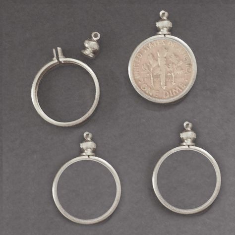 PRICES MAY VARY. 10 cent / USA Dime Coin Holder Silver Finish for charm, necklace, pendant, display. Top loop unscrews, place coin in holder and screw top back on. Four per pack 10 cent / USA Dime Coin Holder Silver Finish ~ for charm, necklace, pendant, display. Top loop unscrews, place coin in holder and screw top back on. Fabulous shiny dime not included (in this economy we need to hold on to as many as possible!). Will hold Canadian nickels too! Silver Coin Jewelry, Pendant Display, Bezel Necklace, Coin Holder, Homemade Jewelry, Coin Jewelry, Silver Coins, Necklace Pendant, Silver Charms