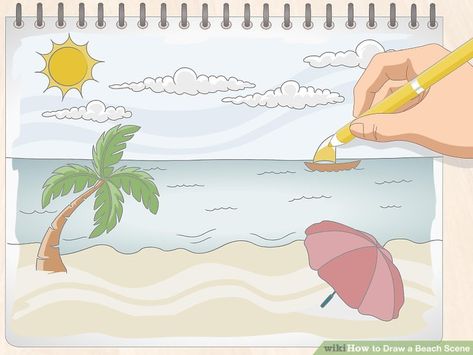 How to Draw a Beach Scene: 11 Steps (with Pictures) - wikiHow Draw Perspective, Barn Drawing, Octopus Sketch, Beautiful Beach Scenes, Beach Drawing, Drawing Tutorials For Kids, Water Drawing, Simple Line Drawings, Easy Drawings For Kids