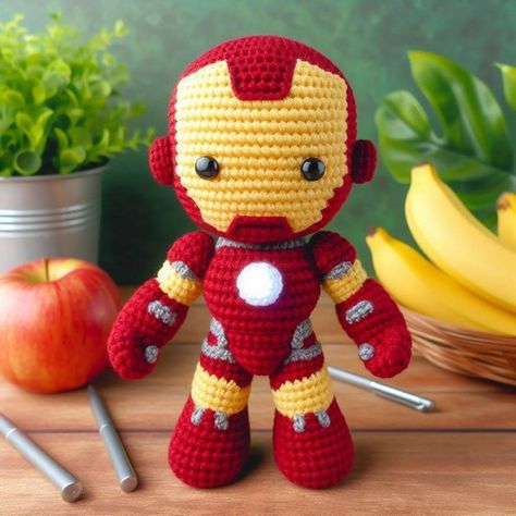 Crochet Iron Man Amigurumi Pattern Crochet Iron Man, Gold Color Scheme, Crochet Lessons, Red Yarn, Crochet Hook Sizes, Yarn Needle, Amigurumi Crochet, Crochet Yarn, Single Crochet