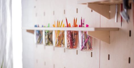 We believe that each person has their own unique needs. Our goal is that this pegboard creative space can promote creativity and productivity in your homes, workspaces, garages, schools, businesses, and more. The modular nature of this design allows flexibility so that your space can become exactly what you need it to Mason Jar Rack, Kids Art Storage, Kids Craft Storage, Pegboard Storage, Arts And Crafts Storage, Maker Space, Wide Mouth Mason Jars, Creative Invitations, Kids Art Supplies