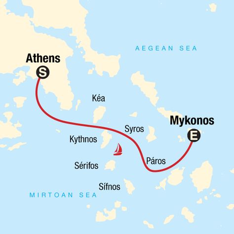 Map of the route for Sailing Greece - Athens to Mykonos Traditional Greek Food, Greece Athens, Cyclades Islands, Greek Food, Aegean Sea, G Adventures, Sailing Yacht, Turquoise Water, Just Relax