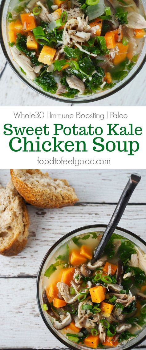 Whole30 | Immune Boosting | Paleo | Sweet Potato Kale Chicken Soup | A delicious way to stay healthy all winter long. #healthyrecipes #paleo #chicken #whole30 #whole30recipes Kale Chicken Soup, Rp Strength, Simple Soups, Kale Chicken, College Meal, Paleo Soups, Fiber Snacks, Rich Breakfast, Chicken Kale