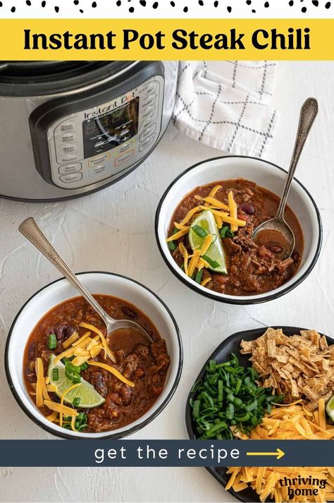 Instant Pot Steak Chili Instant Pot Steak Chili, Chili With Steak, Slow Cooker Steak Chili, Chili With Stew Meat, Steak Chili Recipe, Instant Pot Steak, Steak Chili, Instant Pot Chili, Slow Cooker Steak