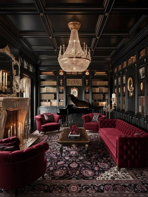 Gothic Architecture Living Room, Dark Academia Piano Room, Dark Georgian Interiors, Dark Academia Aesthetic Basement, Moody Luxury Living Room, Vintage Academia Aesthetic Room, Dark Academia Flooring, Dark Piano Room, Moody Piano Room