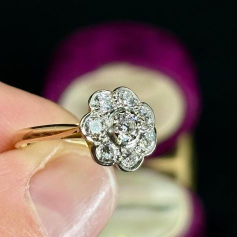 The proportions on this Diamond Daisy cluster ring are just right. These styles of ring can definitely be used as engagement rings, but we think they make beautiful pinky rings 👌🏽💫 This Daisy cluster ring is from circa 1925, and it’s set with 8 beautiful Old European cut Diamonds totalling 0.63ct and graded G/Vs-Si. The Diamond cluster is set in 18K white gold, the tapered band is in 18K yellow gold. This is such an unassumingly beautiful ring! DM us for enquiries 🌼 * Please note items... Pinky Rings, European Cut Diamonds, Pinky Ring, Beautiful Ring, Diamond Cluster, Cluster Ring, Beautiful Rings, Diamond Cuts, Daisy