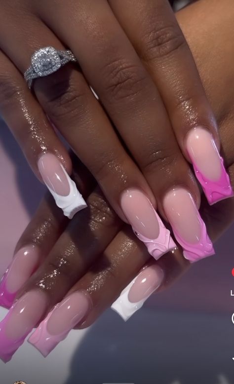 Different French Tips Designs, Short Pink Nail Inspo Acrylic, Fancy Pink French Tip Nails, Simple Pink French Tip Nails, Medium Acrylic Nail Designs, Pink French Tip Nails With Jewels, Pink French Tip Outline Nails, Unique Pink French Tip Nails, Classy Nail Designs 2024