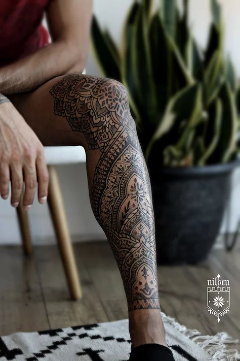 Kirk Nilsen, Sacred Geometry Tattoos, Black Work Tattoos, Geometric Tattoo Leg, Mandala Tattoo Men, Tatuaje Trash Polka, Trippy Tattoo, Mandala Tattoo Sleeve, Shin Tattoo