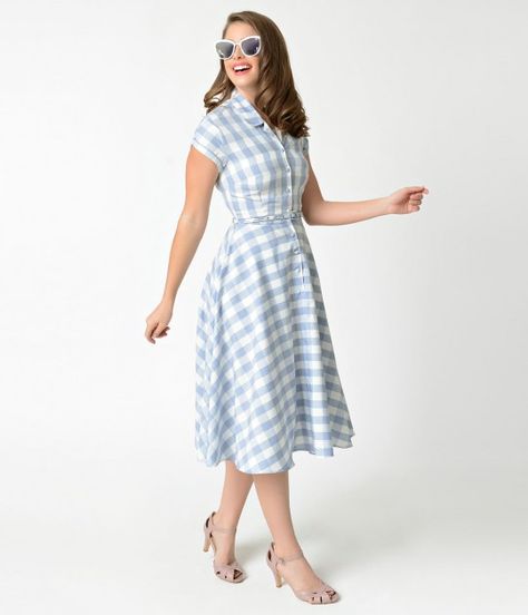 Preorder -  Unique Vintage 1950s Light Blue & White Gingham Alexis Shirtdress Fitted Gingham Vintage Dress, Retro Gingham Vintage Cotton Dress, 1950 Gingham Dress, 1950s Gingham Cotton Dresses, Blue Gingham Dress Vintage, Retro Wardrobe, Blue Gingham Dress, Fashion Dress Up Games, 1950s Fashion Dresses