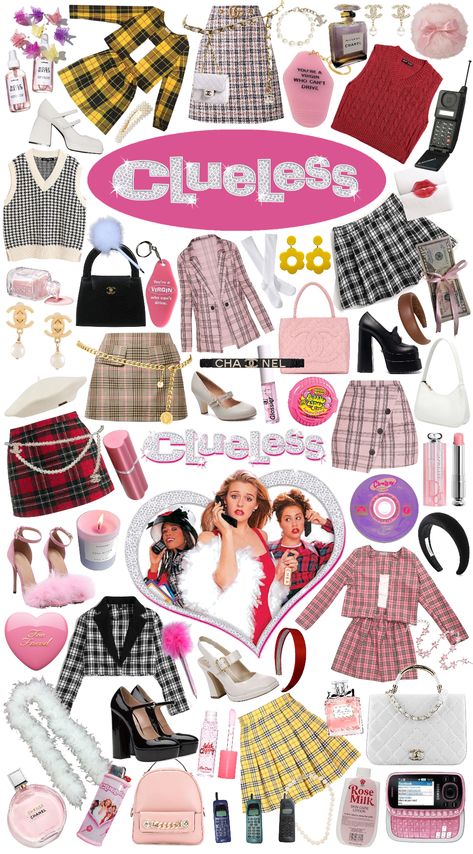 #clueless #cluelessaesthetic #cluelesscher #cherclueless. Discover outfit ideas for  made with the shoplook outfit maker. How to wear ideas for bubble tape and heels Clue Less Outfits, Clueless Aesthetic Outfits, Y2k Mood Board, Chanel Pearl Earrings, Clueless Aesthetic, Clueless Cher, Cher Clueless, Clueless Fashion, Glow Balm