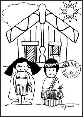 Maori Printables: Kids and Marae Colouring Page                                                                                                                                                      More Patriotic Art Ideas, Relief Teaching Ideas, Te Reo Maori Resources, Maori Legends, Maori Symbols, Easter Coloring Sheets, Waitangi Day, Maori Designs, Māori Culture