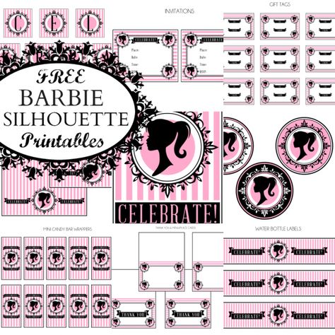 {FREE Vintage Barbie Party Printables from Printabelle} The collection includes: invitations, gift tags, large party circles, "Celebrate" banner (large and small), mini candy bar wrappers, party circles, treat toppers, thank you & menu/place cards, water bottle labels. Vintage Barbie Party, Silhouette Printables, Barbie Silhouette, Barbie Theme Party, Free Barbie, Barbie Printables, Treat Toppers, Barbie Birthday Party, Barbie Theme