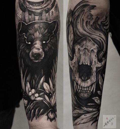 Dotwork Bear Tattoo, Dark Bear Tattoo, Creepy Bear Tattoo, Dark Animal Tattoos, Dark Cover, Wildlife Tattoo, Animal Sleeve Tattoo, Monster Tattoo, Scary Tattoos