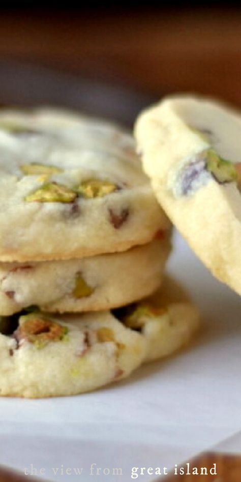 a stack of pistachio shortbread cookies The View From Great Island Recipes, Pistachio Shortbread Cookies, Pistachio Shortbread, Peach Bread, The View From Great Island, Pistachio Cookies, Yogurt Breakfast, Lemon Yogurt, Bake Cookies