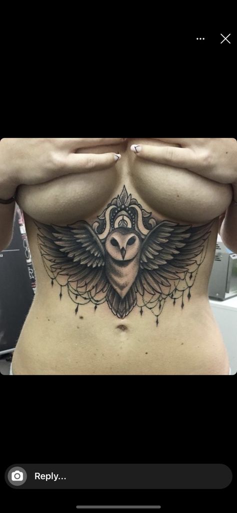 Owl Sternum Tattoo, Owl Tattoo Chest, Underboob Tattoo, Owl Tattoo Design, Chest Piece Tattoos, Owl Eyes, Sternum Tattoo, Cute Tattoos For Women, Chest Piece