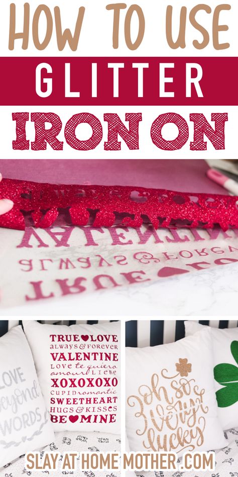 Learn how to cut, weed, and apply glitter iron-on vinyl with this simple tutorial, complete with Design Space screenshots and a free design - plus, make your own pillow covers for about $7! #slayathomemother #ironon #cricutcrafts #cricutcreated #cricutmade #vinyl Cricut Glitter Iron On, Glitter Vinyl Projects, Iron On Vinyl Projects, Cricut Pillows, Htv Crafts, Heat Transfer Vinyl Tutorial, Cricut Heat Transfer Vinyl, Make Your Own Pillow, Holiday Pillows Covers