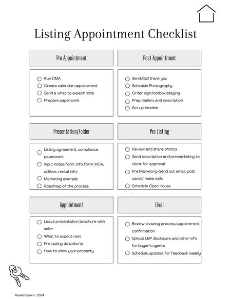 Real Estate | Listing Checklist | Appointment Checklist | Printable Questions To Ask Realtor When Selling, Real Estate Tips For Agents, Real Estate Listing Checklist, Appointment Template, Real Estate Marketing Flyers, Realtor Ideas, Real Estate Checklist, Real Estate Exam, Real Estate Business Plan