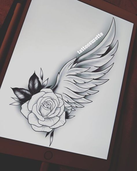 Rose And Wings Tattoo Design, Rose Wings Tattoo, Tattoo Stencils For Men Free Printable, Memorial Tattoo Designs, Tato Ikan Koi, Cuff Tattoo, Rose Drawing Tattoo, Rose Tattoos For Women, Remembrance Tattoos