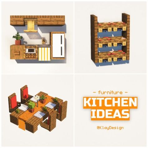 KlayDesign • Minecraft Builder on Instagram: "KITCHEN IDEAS 🧑‍🍳🍳 Hii! Check out these three kitchen furniture ideas I built last night! The dining table turned out so cute! Let me know what’s your favorite! 😌🙌 ——————————————— ⁃ 🪴 Follow @klay.design_mc for more! ⁃ 💬 Lemme know your thoughts! ⁃ 🙌 Complementary Shaders ⁃ 🍳 Repost with credits only! ——————————————— #minecraft #minecrafthouse #minecraftbuildings #minecraftbuilds #minecraftideas #minecraftdesigns #minecraftinspiration #minecraftbase #minecraftbuild #minecraftsurvival #minecraftkitchen #kitchen" Minecraft Castle Furniture, House Decorating Ideas Minecraft, Minecraft Mob Grinder Design, Minecraft Kitchen Ideas Aesthetic, Small Kitchen Minecraft, Small Minecraft Kitchen, Minecraft Dinner Table, Minecraft Tavern Interior, Kitchen Minecraft Ideas