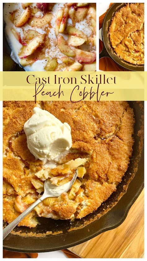 Cast Iron Skillet Peach Cobbler...an easy, dump & mix cobbler filled with juicy, syrupy peaches! Peach Cobbler Dump Cake Cast Iron, Peach Cobbler Easy In Cast Iron Skillet, Skillet Cobbler Recipes, Peach Cobbler Grill, Cast Iron Skillet Peach Cobbler Recipe, Peach Cobbler Cast Iron Skillet Fresh Peaches, Peach Cast Iron Dessert, Peach Cobbler Skillet Recipe, Peach Cobbler In Cast Iron Skillet