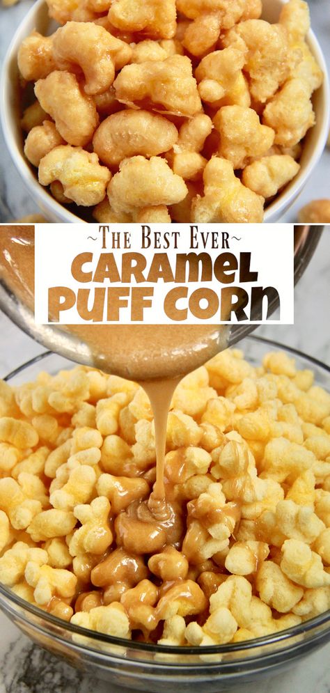 Puffed Corn Christmas Munch, Corn Puff Snacks, Caramel Puff Corn Recipe Easy, Caramel Corn Puffs Recipe, Carmel Puff Corn Recipe, Caramel Puffed Corn, Puff Caramel Corn Recipe, Puffcorn Caramel Corn, Caramel Corn Puffs