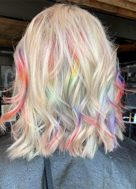 Blond Rainbow Hair, Blonde And Vibrant Hair, Peekaboo Rainbow Hair Blonde, Rainbow Streaks In Blonde Hair, Platinum And Vivid Hair, Light Rainbow Hair, Rainbow Underneath Hair Blonde, Rainbow Highlights Short Hair, Blonde Hair With Vibrant Colors