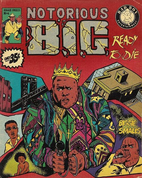 Alejandro Tordezailart on Instagram: “Notorious Big . #notoriousbig #biggie #biggiesmalls #readytodie #puffdaddy #comic #comiccover #cover #comicstrip #hiphop #truegrittexture…” Biggie Poster, Marvel Hip Hop Covers, Pro Black Art, Rap Album Covers, Soul Kitchen, Album Artwork Cover Art, Music Museum, Hip Hop Poster, Comic Book Art Style