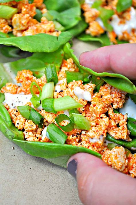 Vegan Buffalo Tofu Lettuce Wraps - Rabbit and Wolves Vegan Blue Cheese, Vegan Entree Recipes, Tofu Lettuce Wraps, Rabbit And Wolves, Tofu Wraps, Buffalo Tofu, Plant Diet, Vegan Entrees, Tofu Vegan