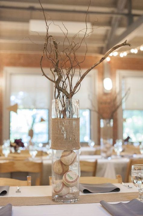 Baseball wedding center pieces By Rachel Abi Baseball Banquet, Baseball Centerpiece, Baseball Fundraiser, Grooms Table, Baseball Wedding, Baseball Theme Party, Baseball Decor, Baseball Party, Baseball Theme