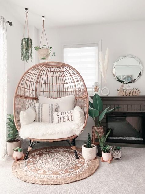 Egg Chair Corner Decor, Hammock Chair In Living Room, Relaxing Corner Ideas Spaces, Egg Chair Corner, Wicker Egg Chair Living Room, Relaxing Room Ideas Zen, Chill Room Ideas Lounges, Egg Chair Bedroom, Egg Chair Living Room