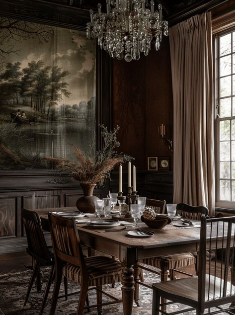 40 Elegant Victorian Dining Room Ideas Which Will Inspire You - Edward George 1910 Dining Room, Old English Dining Room, English Style Dining Room, Vintage Style Dining Room, Dining Rooms With Wallpaper, Lounge Dining Room Ideas, Dark Academia Dining Room, Goth Dining Room, Victorian Dining Room Ideas