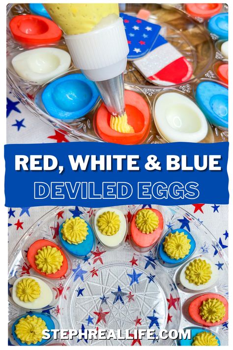 If you are making deviled eggs for your 4th of July party, make Red, White, and Blue Deviled Eggs! These are a crowd pleaser. Blue Deviled Eggs, Warm Weather Recipes, Blue Food Coloring, Blue Food, Pan Recipes, Pickle Relish, Red Food Coloring, Holiday Appetizers, Coloring Easter Eggs