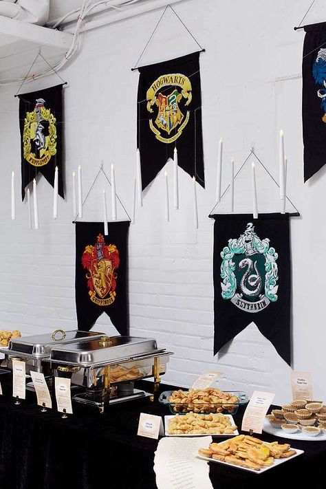 Harry Potter Inspired Baby Shower | CatchMyParty.com Harry Potter House Banners, Harry Potter Baby Shower Ideas, Harry Potter Floating Candles, Harry Potter Banner, Harry Potter Diy Decorations, Harry Potter Candles, Harry Potter Halloween Costumes, Harry Potter Halloween Party, Harry Potter Baby Shower