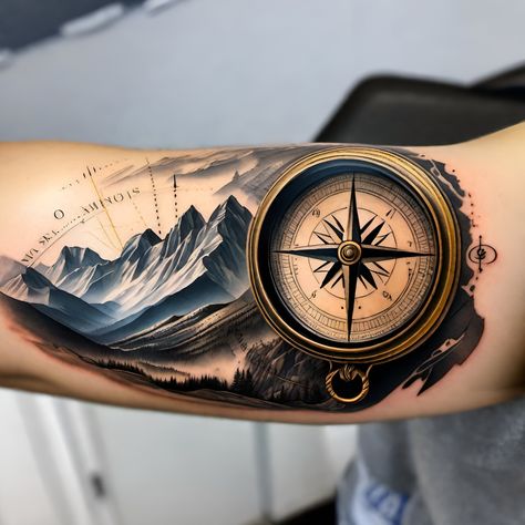 Compass Men Tattoo, Men Compass Tattoo Ideas Arm, Compass Tattoo Cover Up, Compass Mountain Tattoo, Nature Compass Tattoo, Vintage Compass Tattoo, Forest Forearm Tattoo, Nautical Compass Tattoo, Compass And Map Tattoo