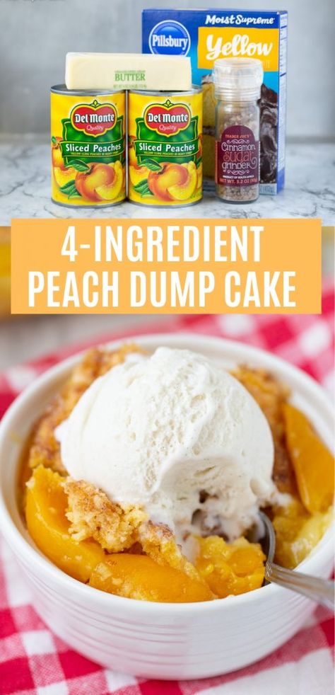 I LOVE this easy cake mix recipe! 4 Ingredient Peach Cobbler Dump Cake Cake Mix Peach Cobbler, Cobbler Dump Cake, Peach Cobbler Dump Cake, Easy Dump Cake Recipe, Cake Mix Recipe, Recipe Cheesecake, Peach Dump Cake, Easy Peach Cobbler Recipe, Cobbler Easy