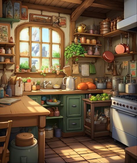 Cottagecore Kitchen Drawing, Cottage Kitchen Drawing, Home Aesthetic Drawing, Kitchen Concept Art, Cozy Room Drawing, Cottage Concept Art, Interior Home Paint, Fantasy House Interior, Anime Kitchen