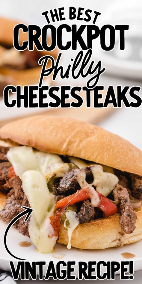 Philly Cheese Steak Sandwich Recipe Crockpot, Crockpot Philly Cheesesteak, Philly Cheese Steak Crock Pot, Philly Cheese Steak Sandwich Recipe, Philly Cheesesteak Recipe, Cheesy Sandwich, Philly Cheese Steak Sandwich, Steak Sandwich Recipes, Crockpot Steak