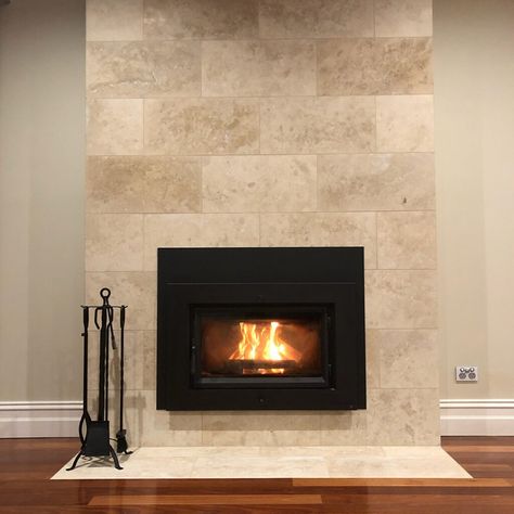 Travertine Tile Cladding - Australian Paving Centre Fireplace Cladding, Concrete Sleeper Retaining Walls, Tile Hearth, Sleeper Retaining Wall, Concrete Sleepers, Retaining Wall Blocks, Tile Cladding, Indoor Tile, Brick Block