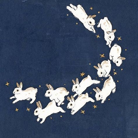 Shinako Schinako Moriyama, Rabbits, The Sky, Art Print, Running, Stars, Art