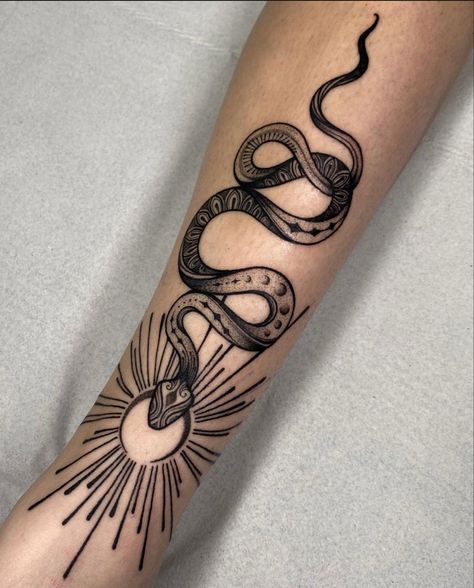 Feathered Snake Tattoo, Cadeusus Symbol, Large Snake Tattoo Arm, Medusa Shin Tattoo, Boho Snake Tattoo, Snake And Arrow Tattoo, King Snake Tattoo, Outline Snake Tattoo, Anaconda Tattoo