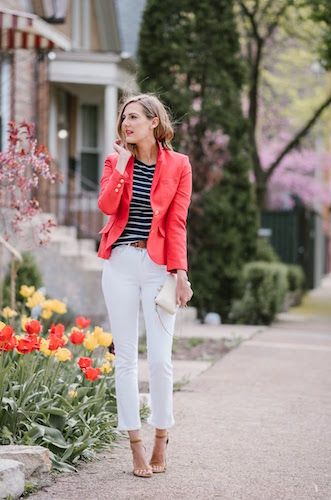 See Anna Jane Coral Blazer Bright Blazer Outfit, Coral Blazer Outfit, Colorful Blazer, Bright Blazer, Preppy Handbook, Coral Jacket, Coral Blazer, Dsw Shoes, Preppy Spring